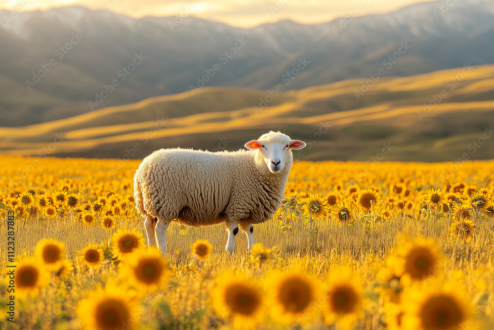 Fototapeta premium A fluffy white sheep sniffing sunflowers in a golden field with mountains in the background
