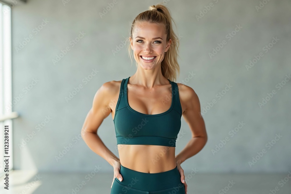 Fototapeta premium Empowered young woman in stylish fitness attire, embracing a healthy lifestyle indoors