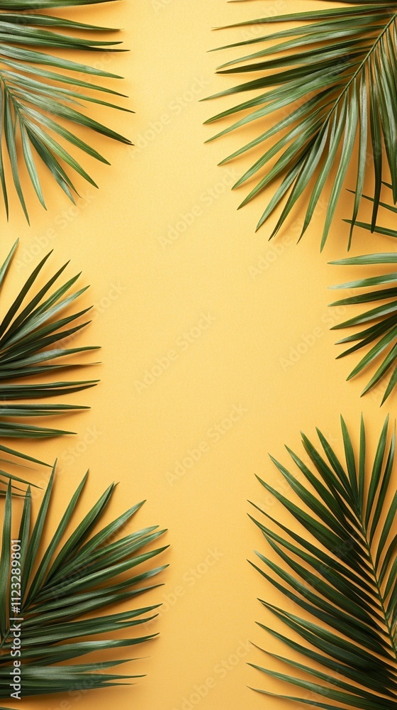Fototapeta premium Tropical palm leaves elegantly frame a vibrant yellow background, creating a fresh and inviting scene that evokes the warmth of a sunny, relaxing summer day.