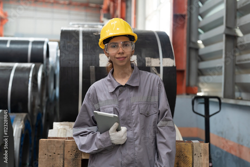 Portrait of woman worker working in warehouse of rolls stainless steel