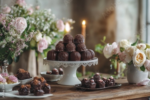 Romantic wooden table setting with chocolates and flowers for valentine s day celebration photo