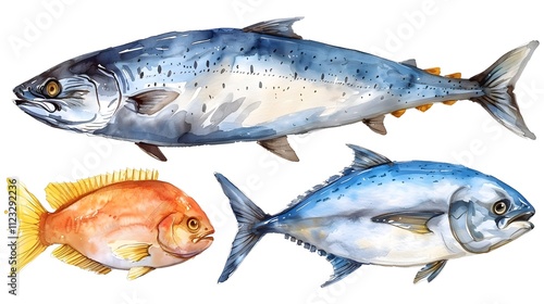 Three different types of fish are shown in a painting photo