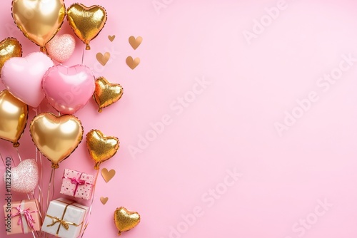 Happy valentine s day banner with pink and gold heart balloons and gifts on romantic background photo