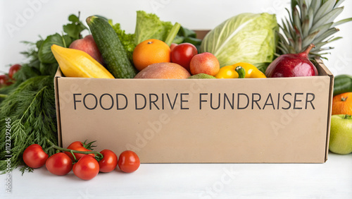 Food drive fundraiser box full of fresh vegetables and fruits on a white background  photo