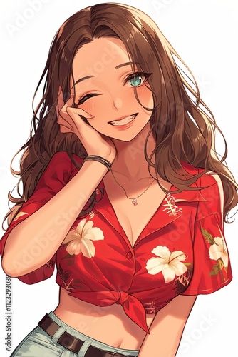 Smiling anime young woman with long brown hair, wearing a red Hawaiian shirt with white floral patterns, winking playfully and posing confidently