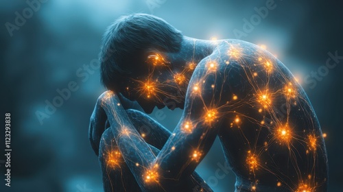 A person with highlighted pain points in the body, symbolizing fibromyalgia and widespread physical pain. Ideal for medical and health themes. 