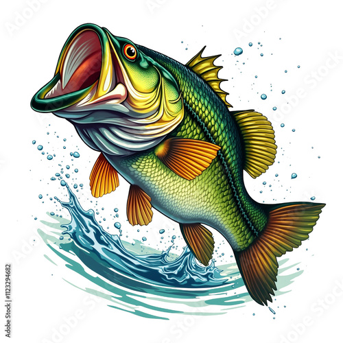 Big bass fish cartoon for tshirt Isolated on White