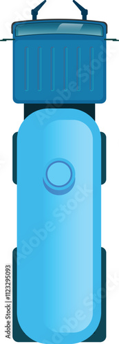 Capturing an aerial view of a blue tank truck transporting liquid, highlighting a distinct circular feature on the tank against a pristine white backdrop