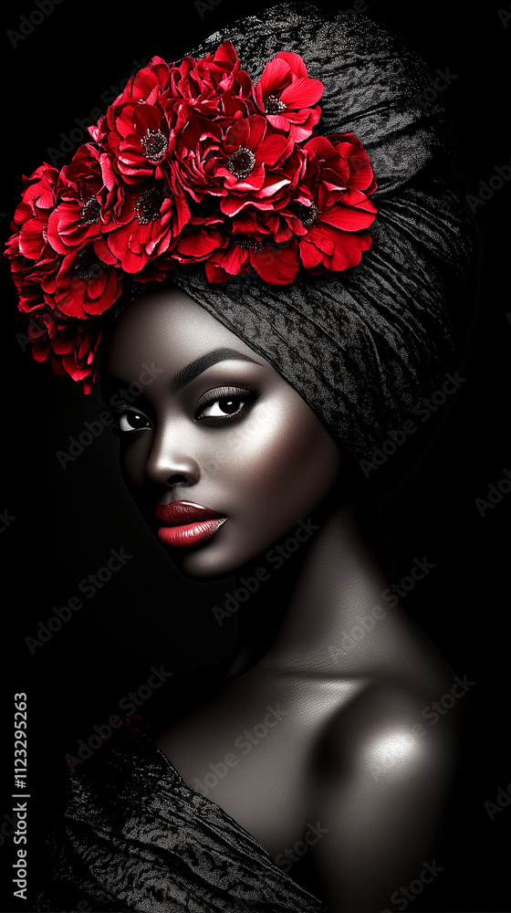 Naklejka premium A woman with a red flower headdress. The woman is wearing a black dress and has red lipstick