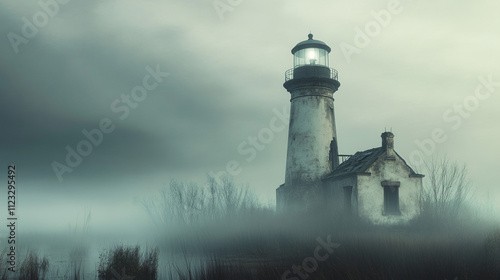 A decaying lighthouse surrounded by swirling fog in a desolate swamp, with only the faintest light breaking through the mist to reveal the ghostly landscape. photo