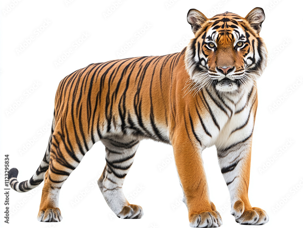 Obraz premium Fierce tiger with bold stripes isolated on white background.