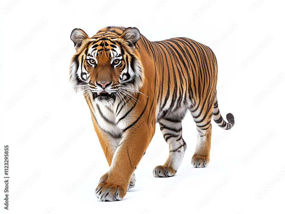 Fototapeta premium Fierce tiger with bold stripes isolated on white background.