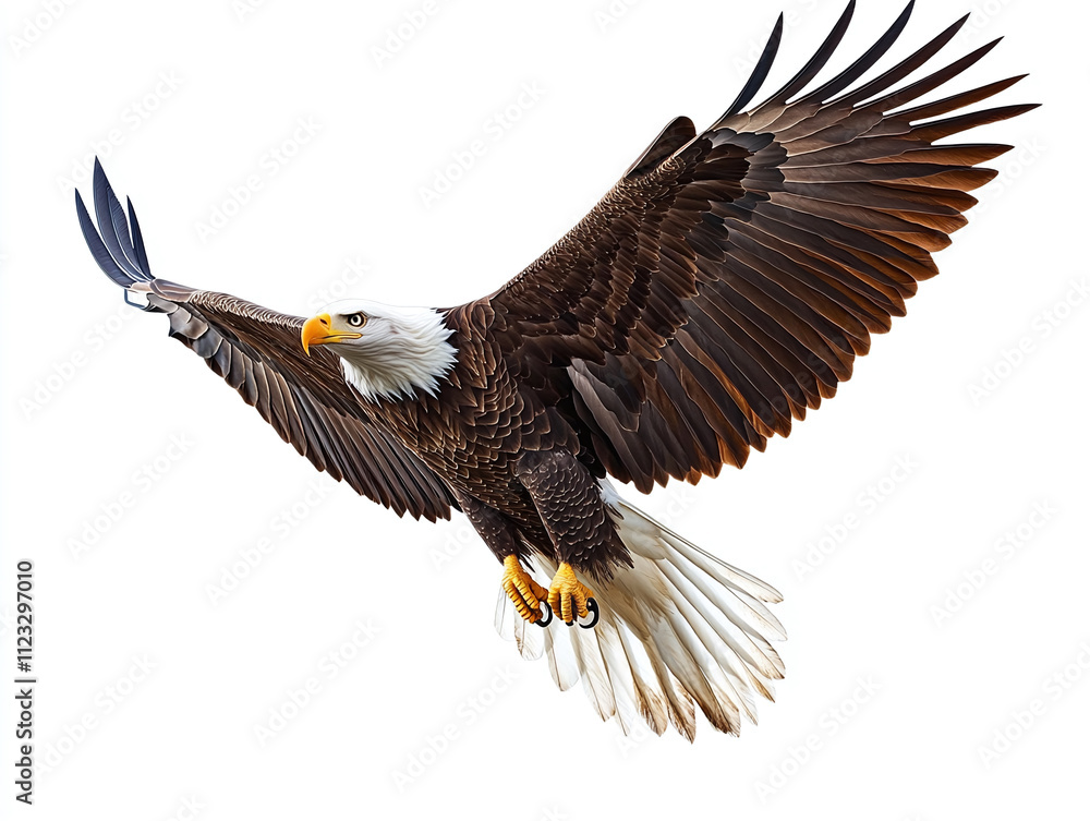 Obraz premium Majestic bald eagle in flight isolated on white background.