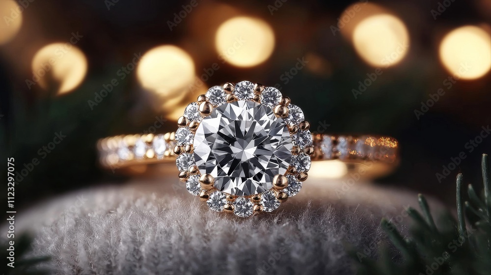 Fototapeta premium A stunning diamond engagement ring with a sparkling halo, set against a soft background of warm lights and greenery, perfect for romantic occasions.