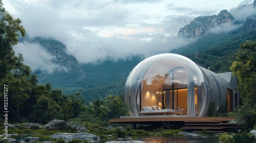 Elegant modern home in a bubble, with a lush mountain backdrop and cloudy sky  photo