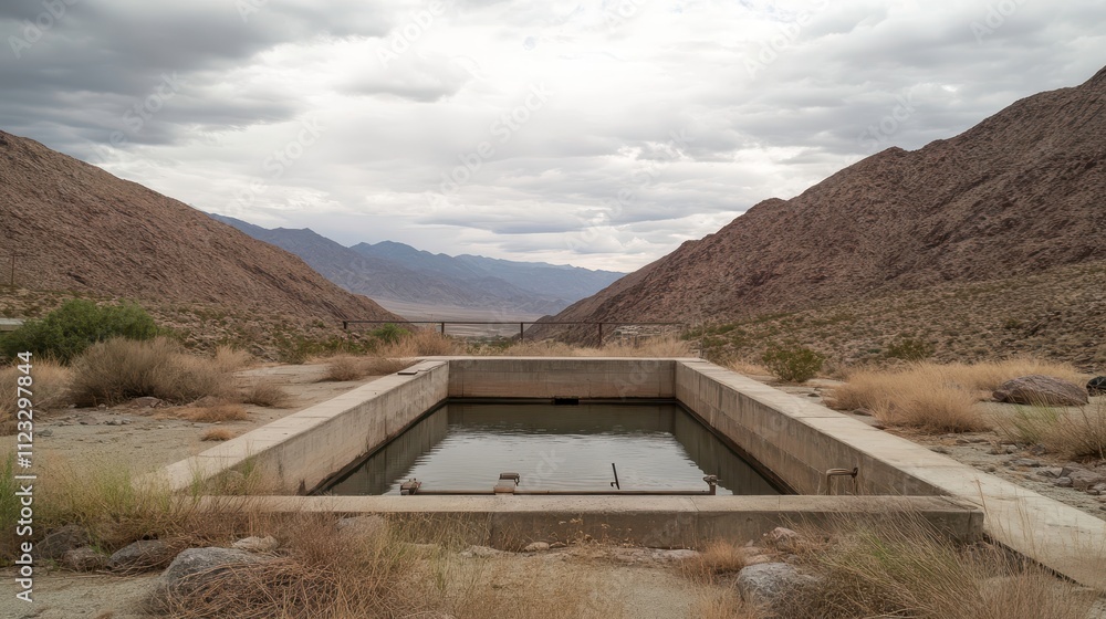 Obraz premium Abandoned Pool Surrounded by Mountain Landscape