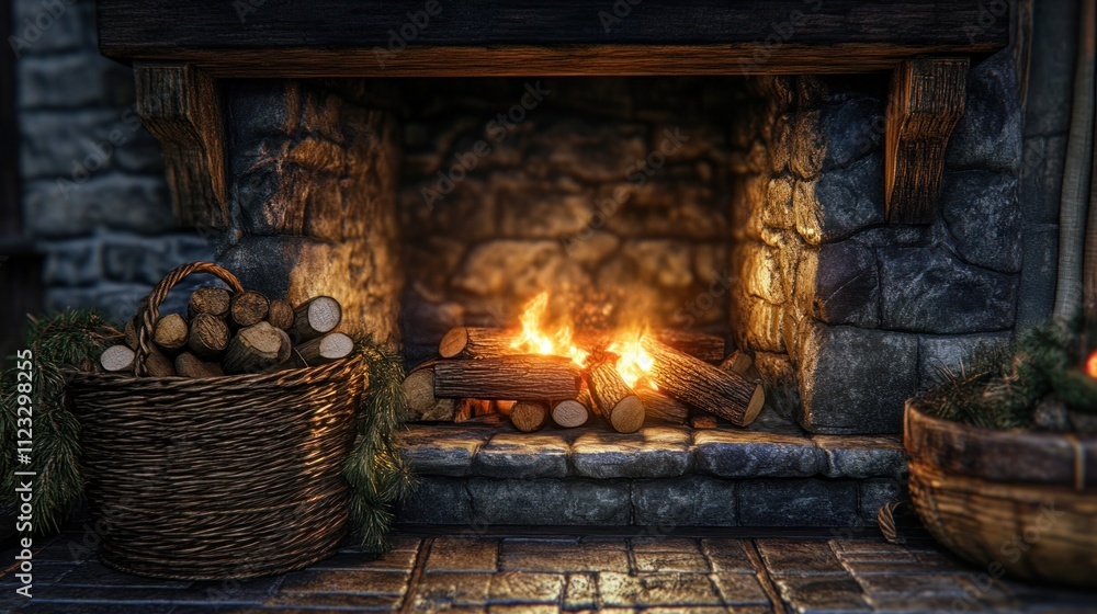 Fototapeta premium Rustic Fireplace with a Cozy Fire and a Basket of Logs