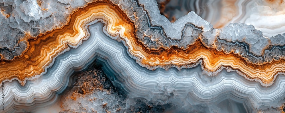 A close-up of beautifully layered agate rock, showcasing striking blue, gray, and orange bands with intricate patterns and textures. A close-up of beautifully layered agate rock, showcasing striking blue, gray, and orange bands with intricate patterns and textures.