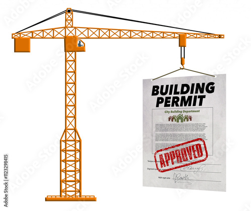 Ready to break ground and begin construction. A tall tower crane holds an approved building permit in a 3-d illustration. about this highly sought document.