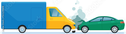 Yellow and blue delivery van crashing into a green car, with smoke coming out of the front of the green car after the impact, representing a road accident