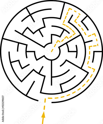 Vector circular labyrinth. Difficulty level - easy. Maze inside the circle. Solution included - colorful passing route. Logic game for young children from 2 to 5 age