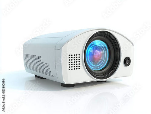 Modern classroom projector with a high-definition lens isolated on white background