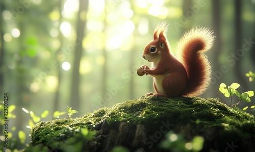 A Illustration of a cute Squirrel sitting on a tree Stump in a beautiful Forest, enjoying some Nuts. Ideal for Nature and Animal Themed Content.  photo