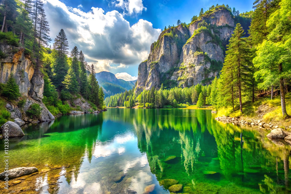 Fototapeta premium Mountain lake surrounded by dense forests, isolated on natural background