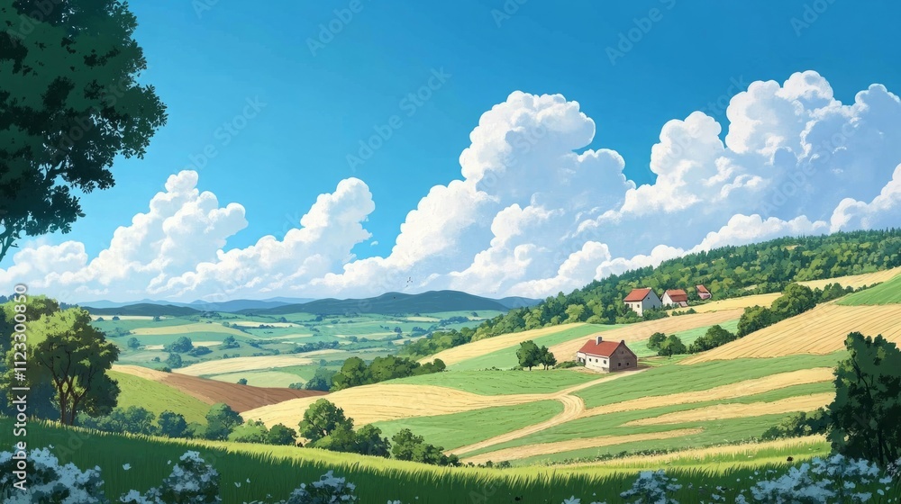 Fototapeta premium A tranquil countryside scene with rolling hills, a patchwork of fields, a small farmhouse, and a clear blue sky dotted with fluffy clouds