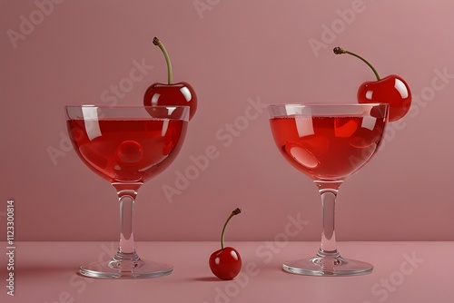 Three red maraschino cocktail cherry on pink background Generative AI photo