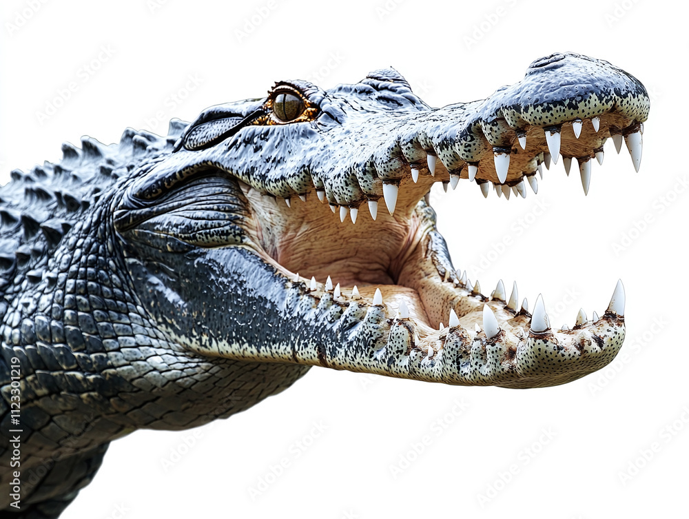 Obraz premium Powerful crocodile with sharp teeth isolated on white background.