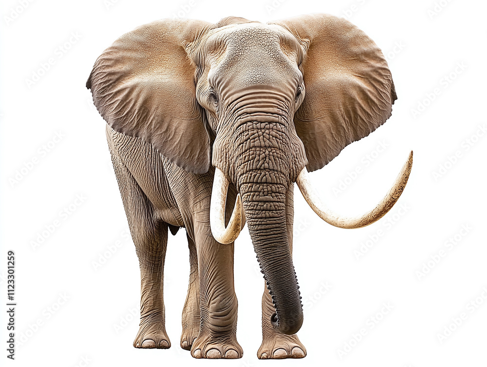 Obraz premium Powerful elephant with large tusks isolated on white background.