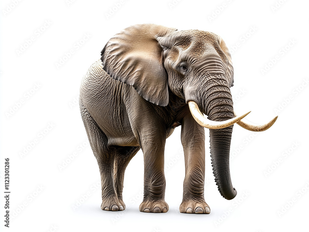 Fototapeta premium Powerful elephant with large tusks isolated on white background.