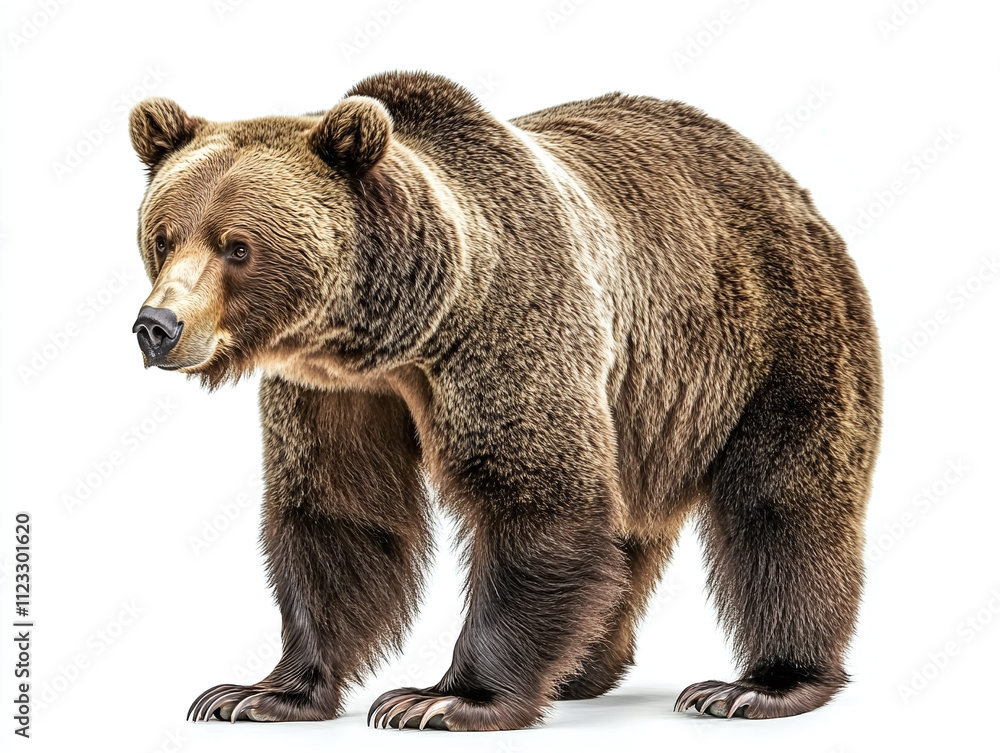 Fototapeta premium Powerful grizzly bear with a thick coat isolated on white background.