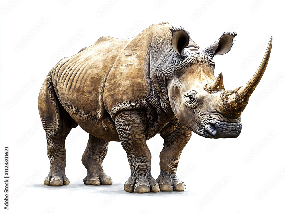 Fototapeta premium Powerful rhinoceros with large horn isolated on white background.