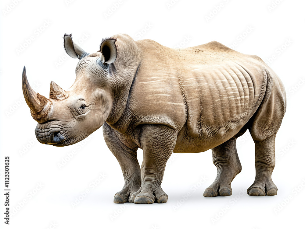 Fototapeta premium Powerful rhinoceros with large horn isolated on white background.
