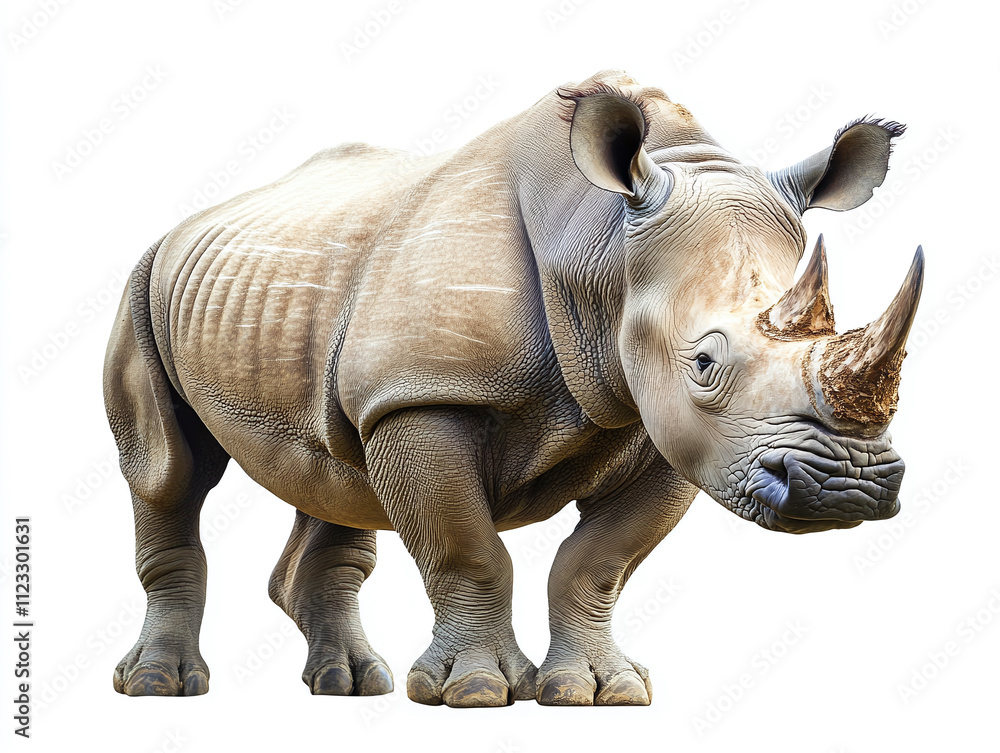 Fototapeta premium Powerful rhinoceros with large horn isolated on white background.