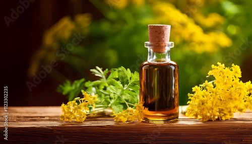 Goldenseal tincture bottle on a wooden shelf.