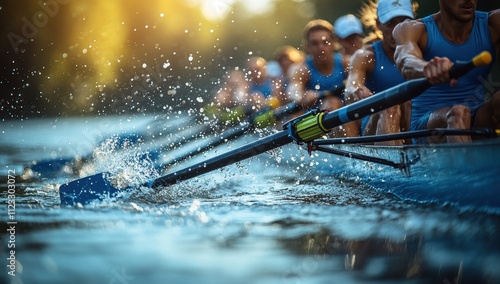 Competitive rowing team racing on a river with oars striking the water.