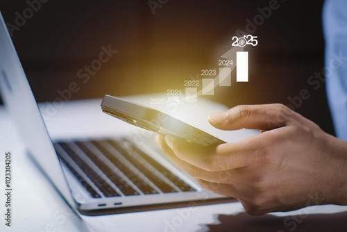 Graph and target of business in new year 2025. Planning, opportunity, challenge and business strategy in new year 2024. Development to success and motivation. New idea for new business start up.