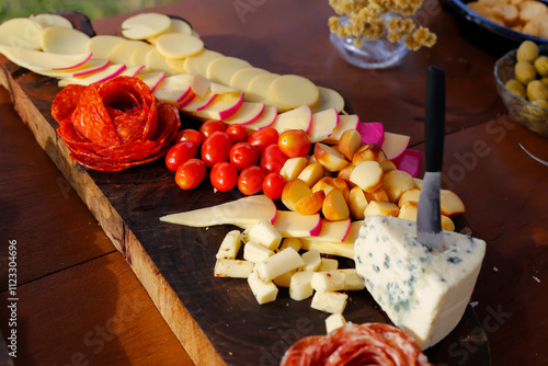 assorted sliced ​​cheeses on a wooden table