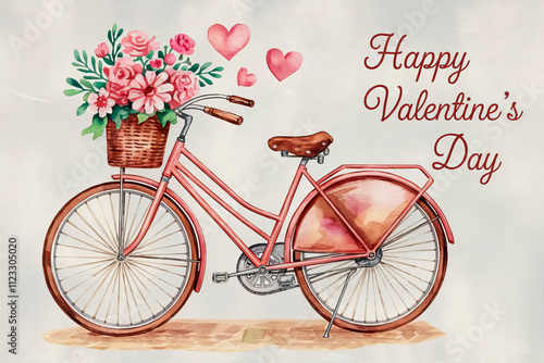 Watercolor illustration of a pink bicycle with a basket of flowers and hearts. Holiday card for Valentine's Day. Concept of a love valentine card