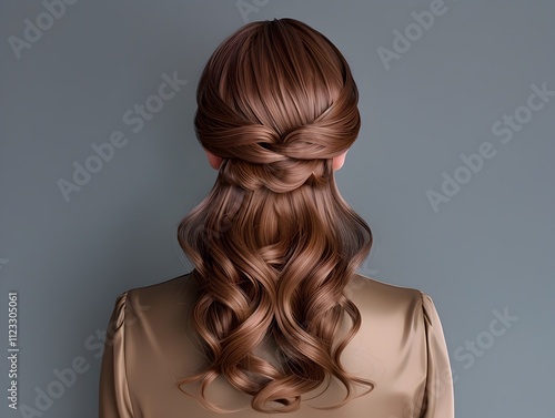 A woman with long brown hair is wearing a brown shirt and has her hair in a bun photo