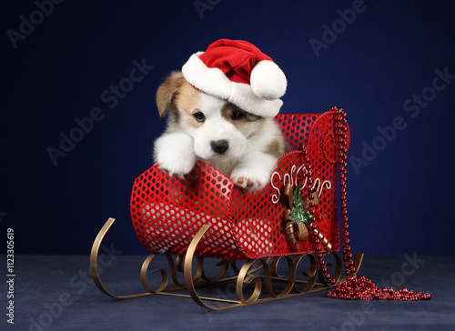 Cute little Pembroke Welsh Corgi puppy sitting in a red sled