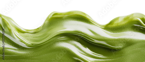 photorealistic depiction of flowing matcha cream, showcasing its smooth texture and vibrant green color, evokes sense of freshness and indulgence