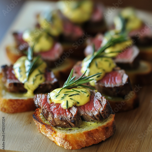 Close-up of fried bread croutons with grilled fillet and béarnaise sauce. photo