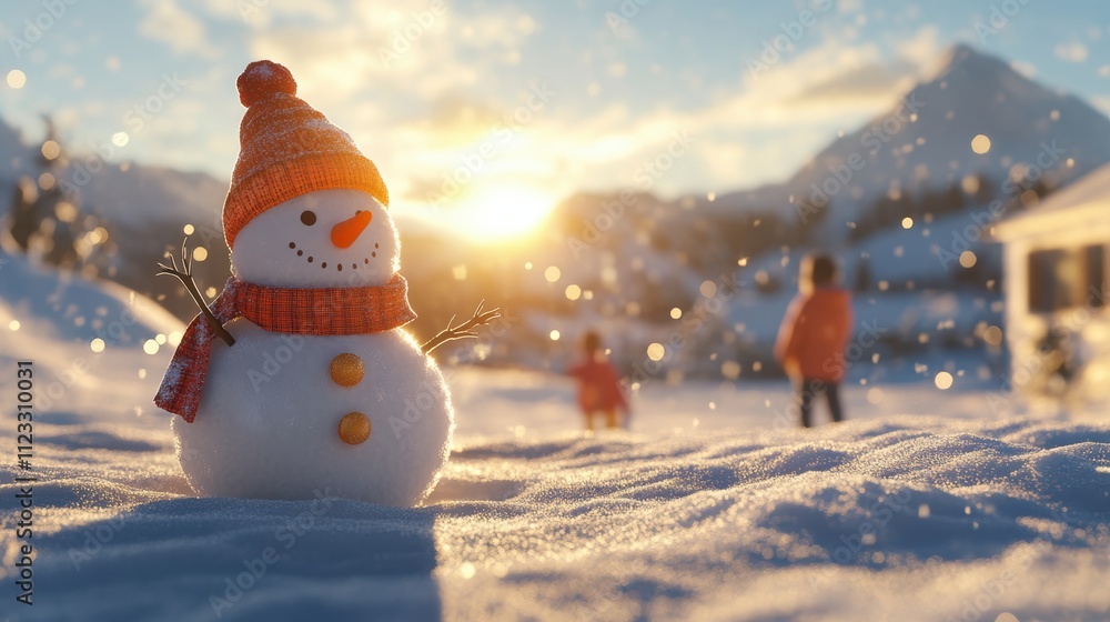 Obraz premium Sunlit winter landscape with partially built snowman and mountains