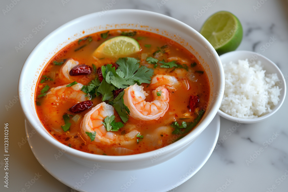 A bowl of Tom Yum soup, shot from above at a slight angle. The red soup brims with juicy shrimp, cherry tomatoes, mushrooms, mussels, and lime wedges. Thai food. A bowl of Tom Yum soup, shot from above at a slight angle. The red soup brims with juicy shrimp, cherry tomatoes, mushrooms, mussels, and lime wedges. Thai food.