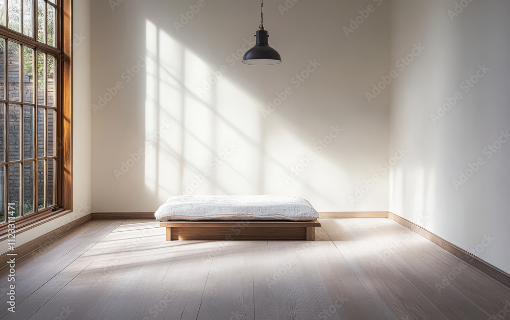 Fototapeta premium Minimalist interior with natural light illuminating a simple bed platform in a serene space