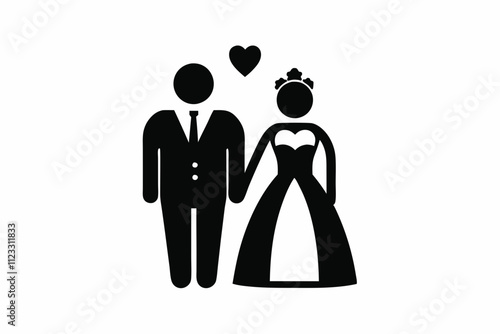 vector illustration of a silhouette of a loving couple, Wedding silhouette figures of newlyweds. Heart Shape Line Art. Vector illustration. Simple vector wedding couple silhouettes.